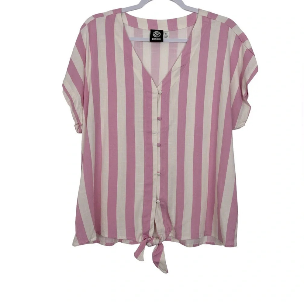 Bobeau Women’s M V-Neck Button Up Tie Short Sleeve Striped Top